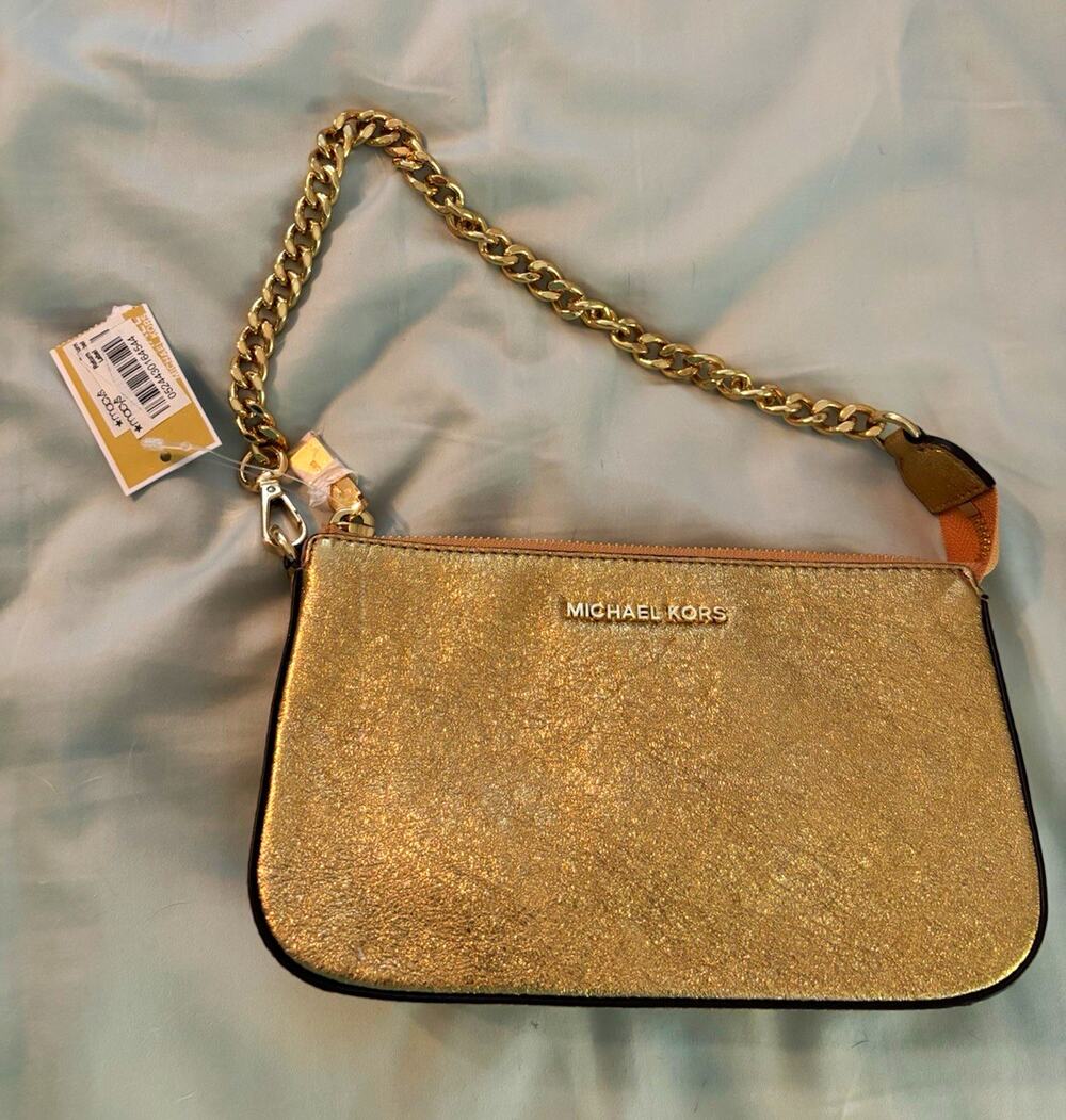 Michael Kors Gold Metallic Small Clutch Zip Pouch Detachable Chain 32H7MF9W6M